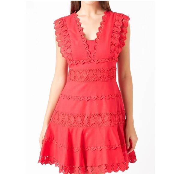 Anthropologie Endless Rose Women's  Red Plunging Neck Lace Trim Dress, M - Picture 2 of 14